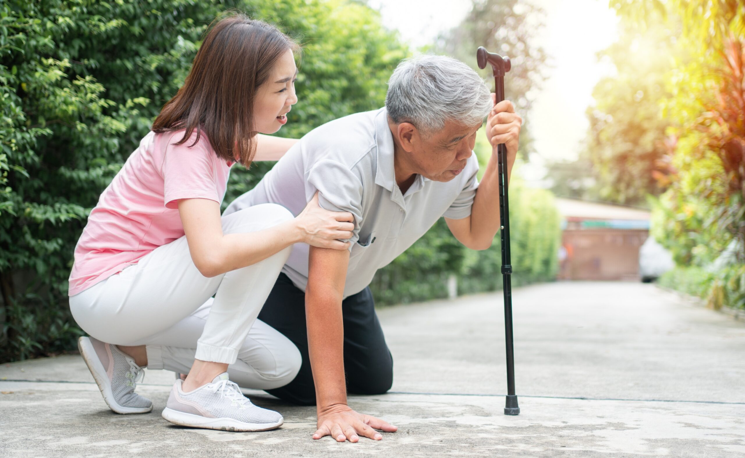 Senior man falling caused by muscle weakness