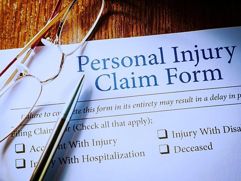 Personal Injury Claim form with pen and glasses. Personal Injury Facts.