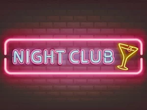 Night club, cocktail bar bright neon retro signboard realistic. injured at a strip club