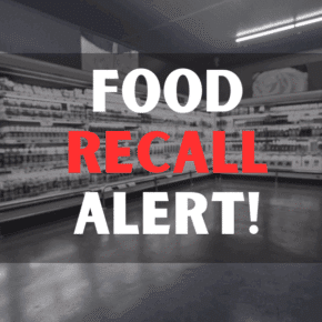Cropped image of woman pushing trolley in aisle in supermarket with food recall alert texts.