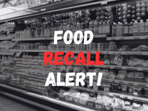 Grocery shop with food on shelves with food recall alert texts.