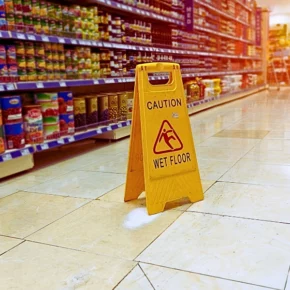 Yellow sign - caution wet floor in the supermarket slip and falls in Vegas grocery stores