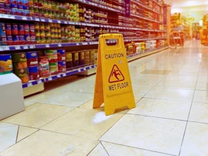 Yellow sign - caution wet floor in the supermarket slip and falls in Vegas grocery stores