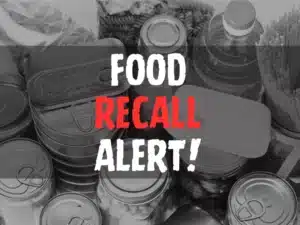 Food Recall Alert text overlay on image of canned goods and bottled food items.