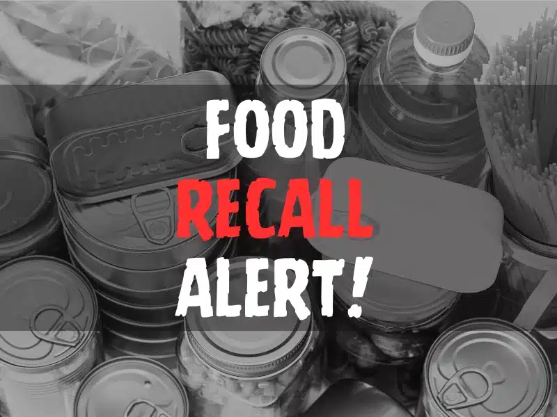 Food Recall Alert text overlay on image of canned goods and bottled food items.