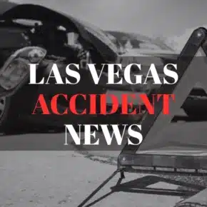 Las Vegas Accident News text overlay on image of a damaged car and a roadside warning triangle.