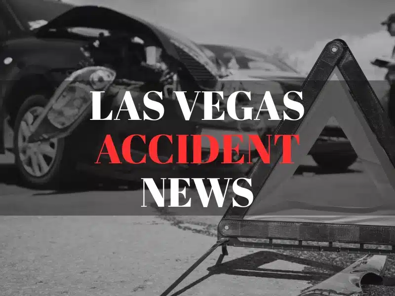 Las Vegas Accident News text overlay on image of a damaged car and a roadside warning triangle.