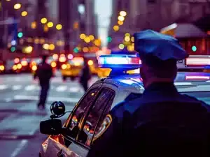 Police officer near car with lights in city street with selective focus and background blur.