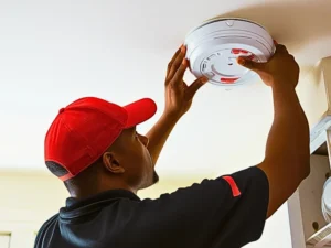 A technician installing a smoke detector on a ceiling. Foreseeability in Premises Liability Cases