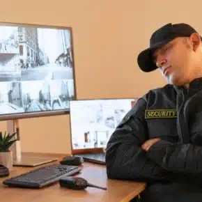 Security guard sleeping at desk in front of monitors.