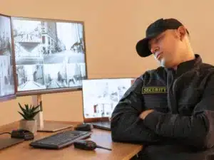 Security guard sleeping at desk in front of monitors.