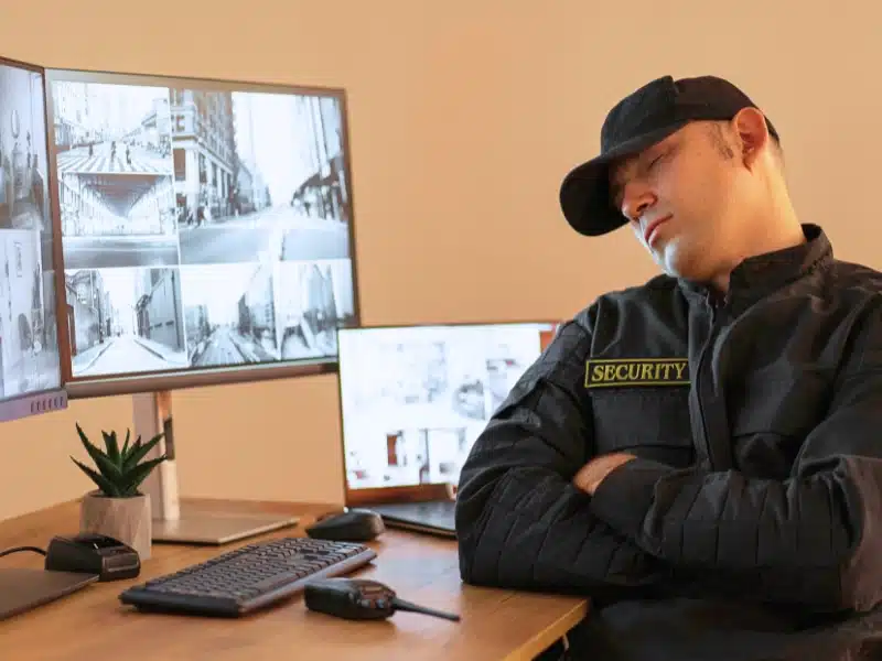Security guard sleeping at desk in front of monitors.
