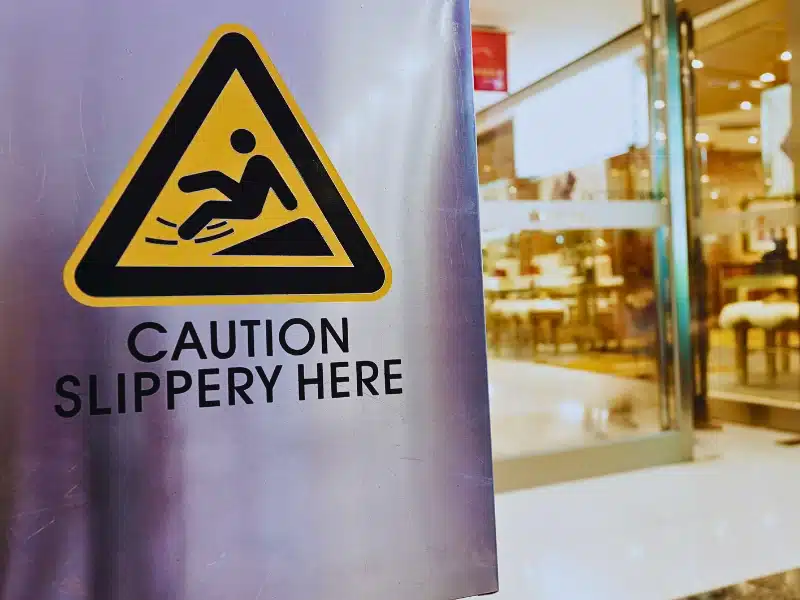 A warning sign reading "Caution Slippery Here" inside a mall. average slip and fall settlement