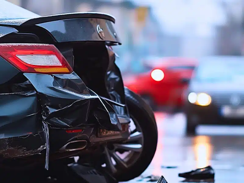 Damaged rear end of a dark car involved in collision.